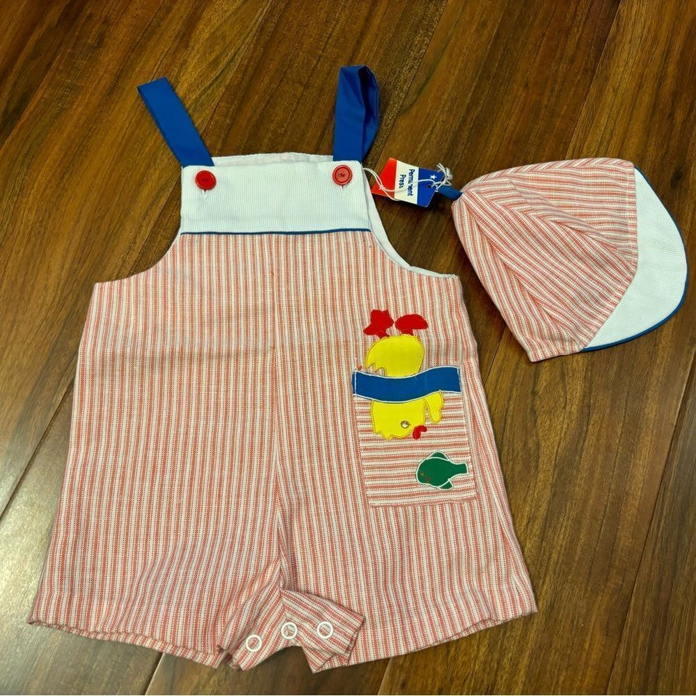 Cradle Togs Vintage stripe embroidered Duck/fish overall shorts with hat NWT
